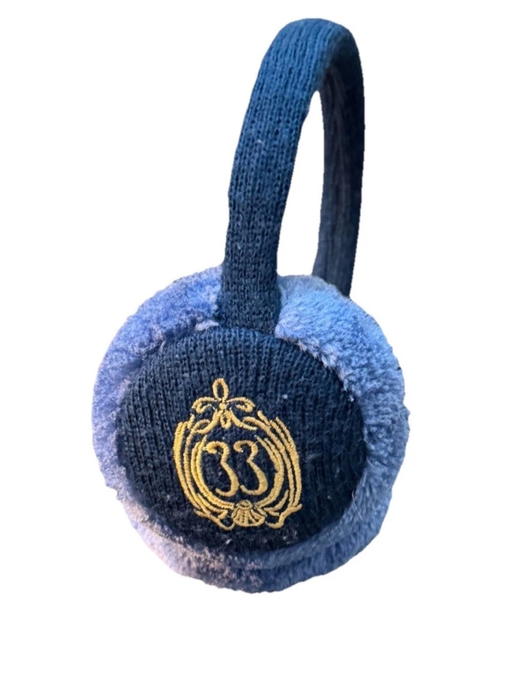 Disney Used Club 33 Navy and Light Blue Plush Over-Ear Muffs with Gold Crest